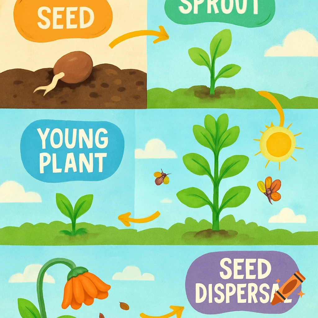 Colorful educational illustration of the plant life cycle stages: seed, sprout, young plant, and seed dispersal.