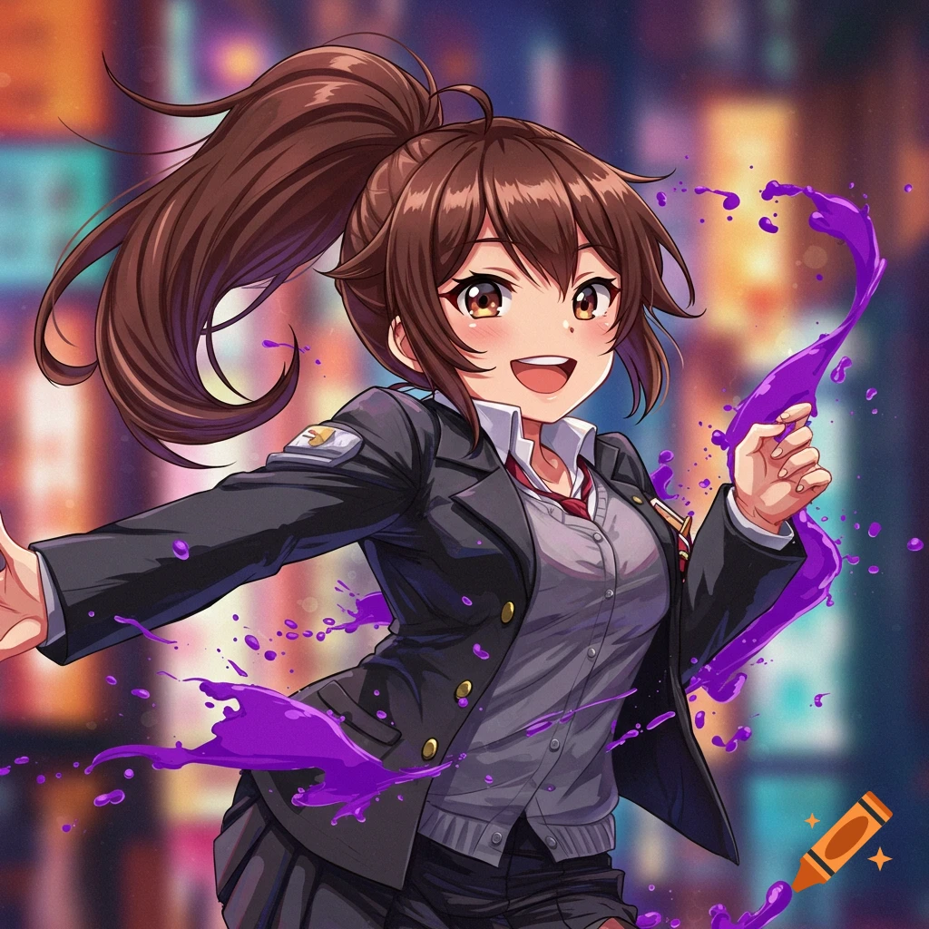 Anime girl with a brown ponytail, smiling with outstretched arms, surrounded by splashing purple paint, wearing a sports jacket against a blurred city background.