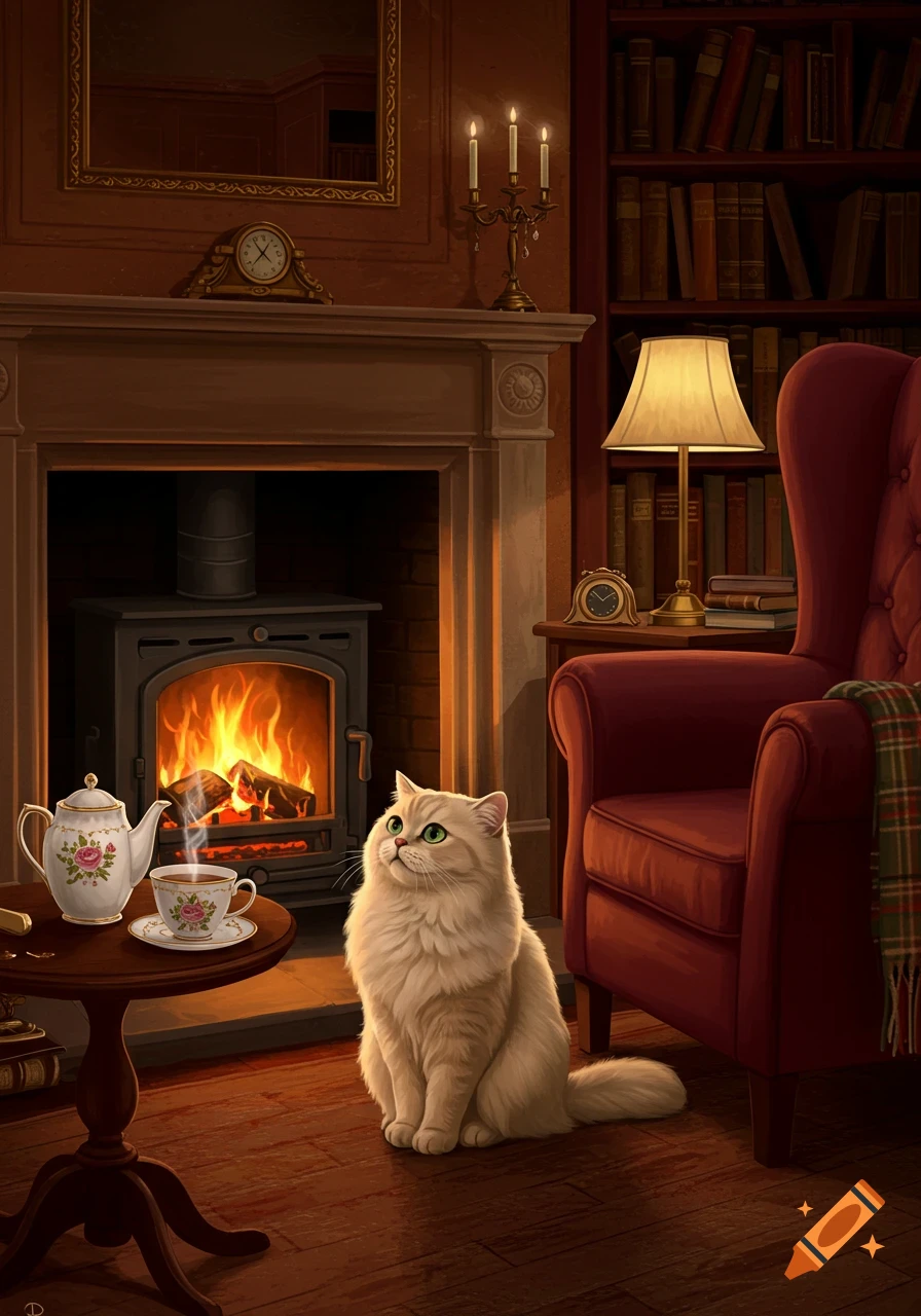 A chubby British Longhair cat sits by a cozy fireplace with a cup of tea in a warm, book-filled room, digital art.