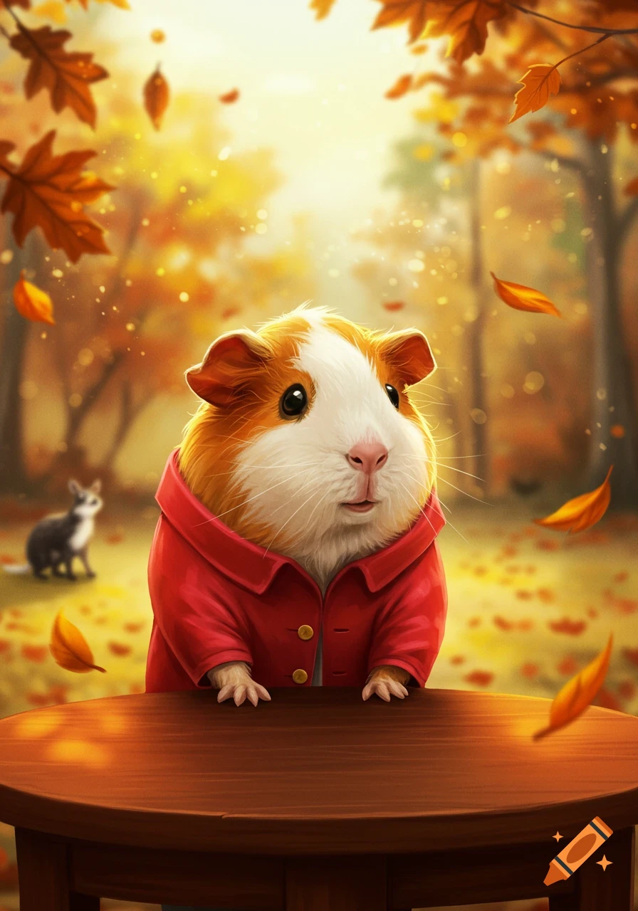 A cute guinea pig in a red jacket stands at a wooden table in an autumn forest with falling leaves, digital illustration.