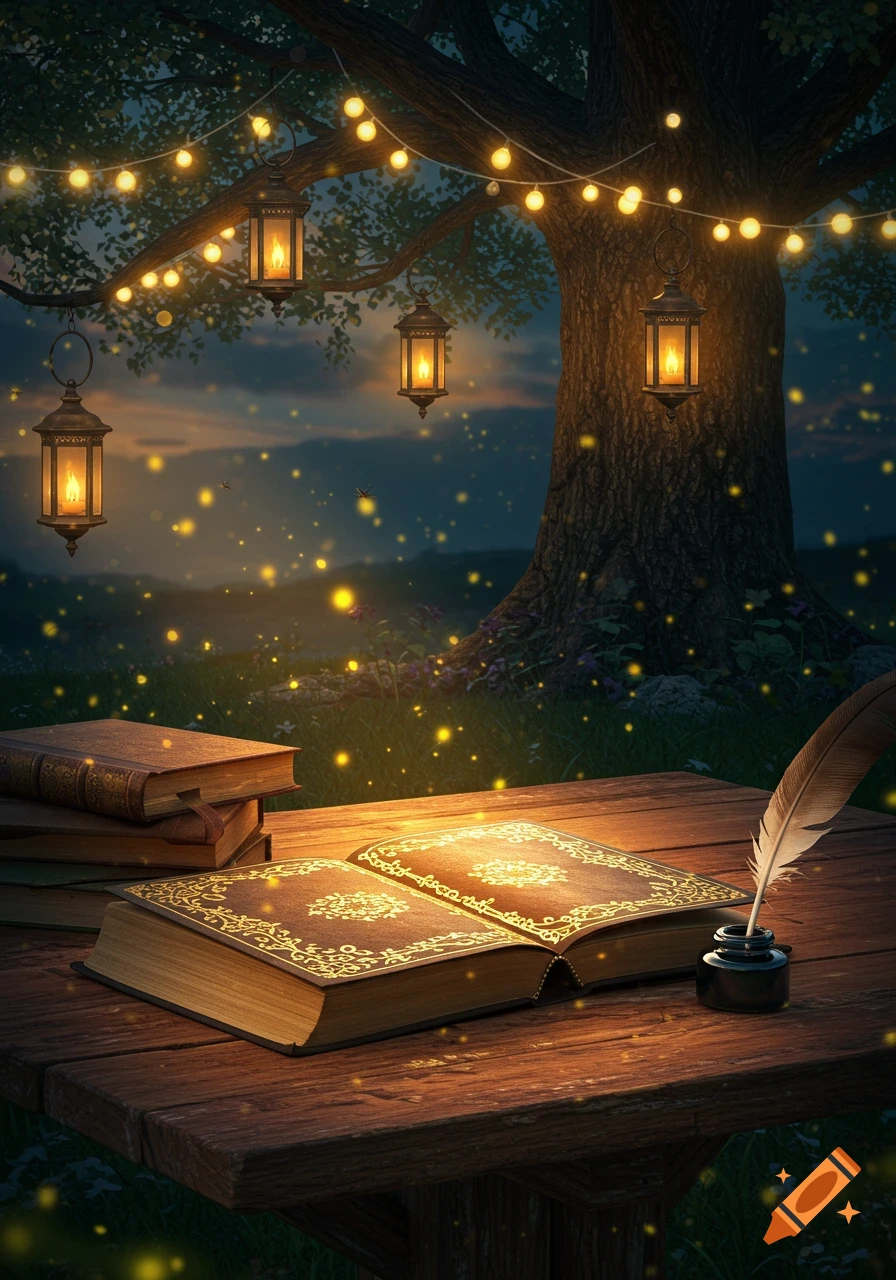An open book and stack of books on a wooden table under a tree with hanging lanterns and string lights, surrounded by fireflies at dusk.