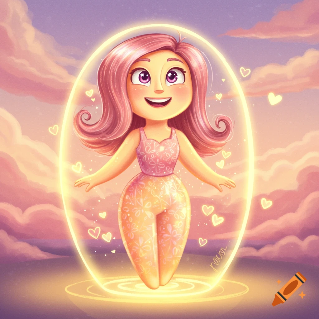 A cute, stylized cartoon character with pink hair, standing in a glowing oval aura surrounded by hearts and clouds at sunset, smiling.