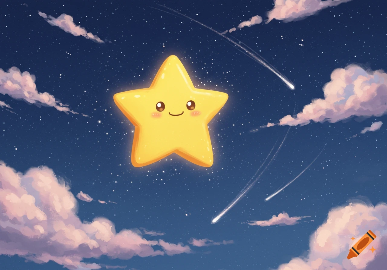 A cute, smiling yellow cartoon star floats in a dark blue night sky with scattered white stars, fluffy pink clouds, and shooting stars.