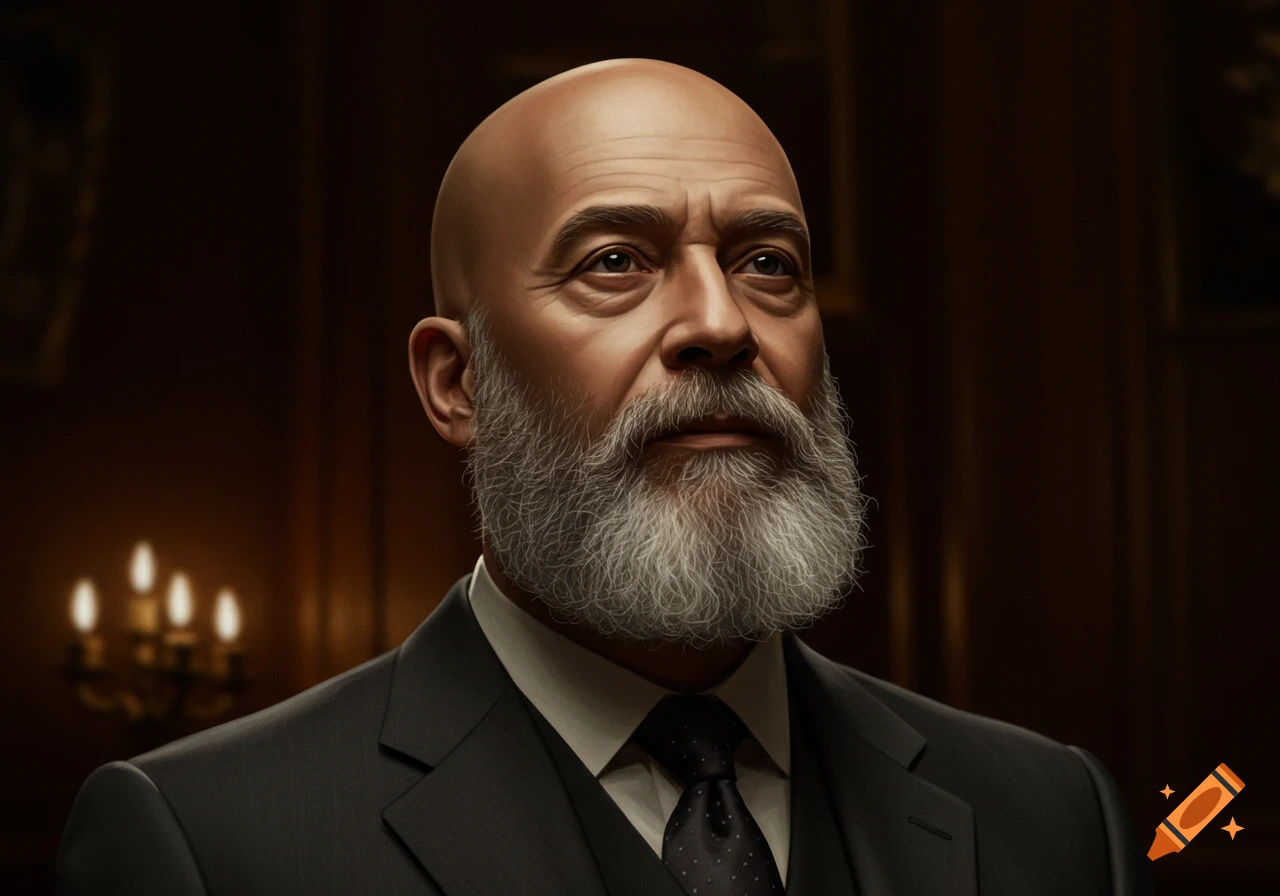 Photorealistic portrait of a distinguished bald man with a gray beard, wearing a suit, looking upwards in a dimly lit, formal room.