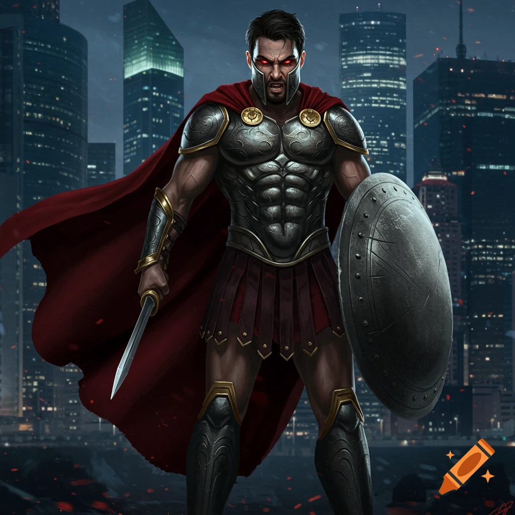 A fierce man dressed in dark ornate armor and a red cape, holding a sword and shield, stands in a modern city at night.