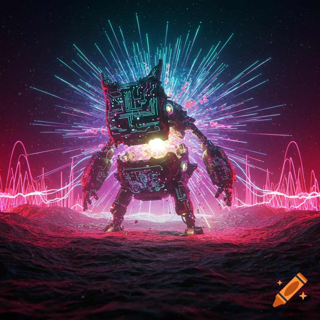 A futuristic robot creature with glowing circuits stands on a textured landscape under a vibrant neon light burst.