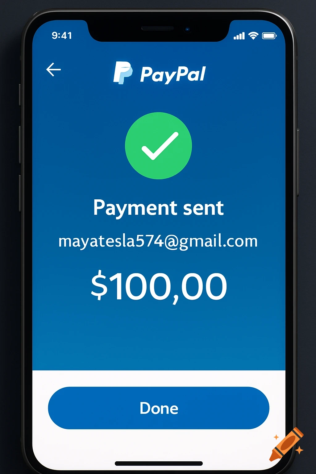 A photorealistic image of an iPhone screen displaying a successful PayPal payment of $100 to mayatesla574@gmail.com.
