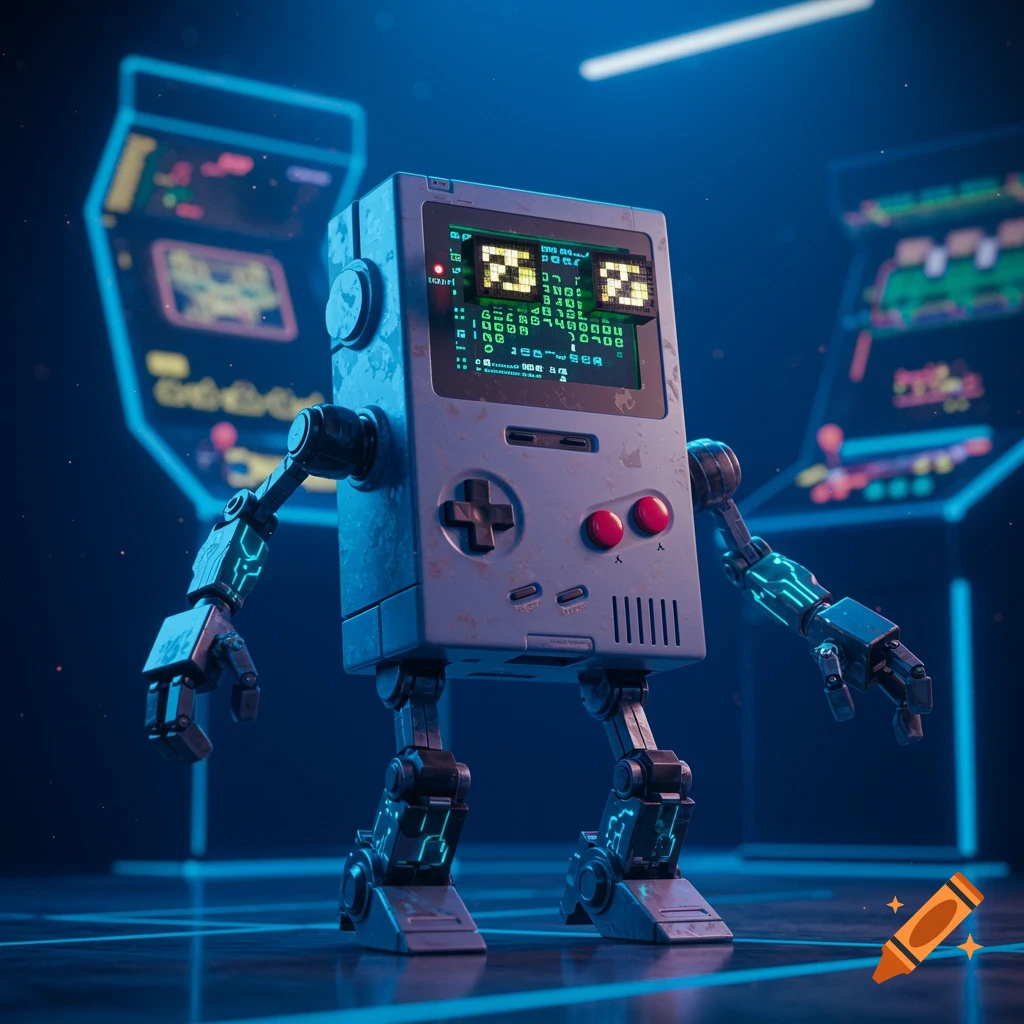 A robot made from a retro Game Boy stands in a neon-lit arcade. Its screen displays pixelated characters, with arcade machines behind it.