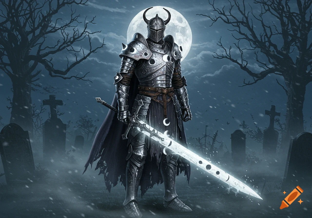 A knight in ornate, dark moonlight-themed armor stands in a snowy graveyard under a full moon, holding a glowing sword.