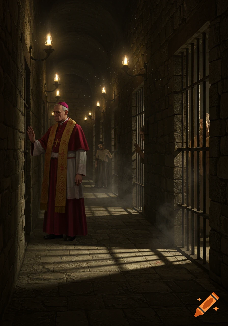 An Archbishop visits prisoners in a dimly lit, medieval-style stone prison corridor, illuminated by wall-mounted torches.