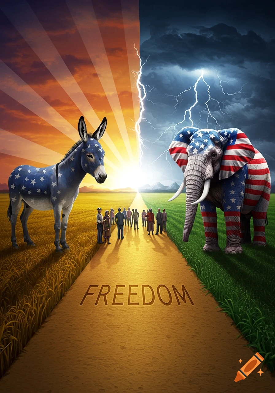 An allegorical image depicting a blue star-spangled donkey and a red-striped elephant on opposite sides of a path with 'FREEDOM' carved in, under contrasting sunny and stormy skies, with people gathered in the middle.