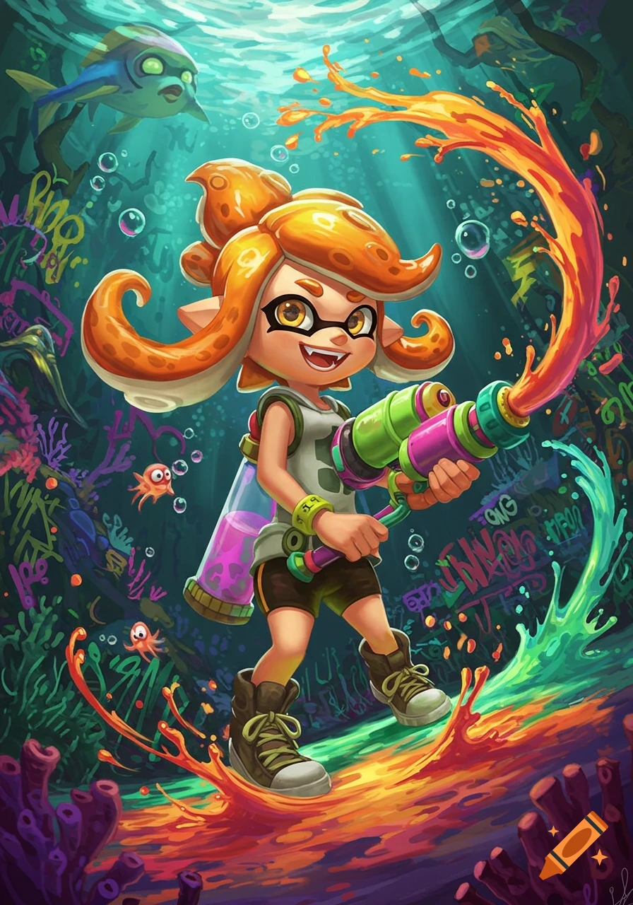 Colorful fan art of Splatoon's Frye, an orange-haired inkling, holding a vibrant ink weapon underwater amidst coral and fish.