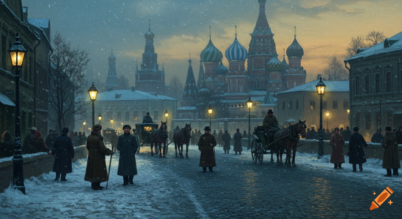 An oil painting of a snowy 19th-century Russian street with horse-drawn carriages, people in coats, and onion-domed cathedrals under a dusk sky.