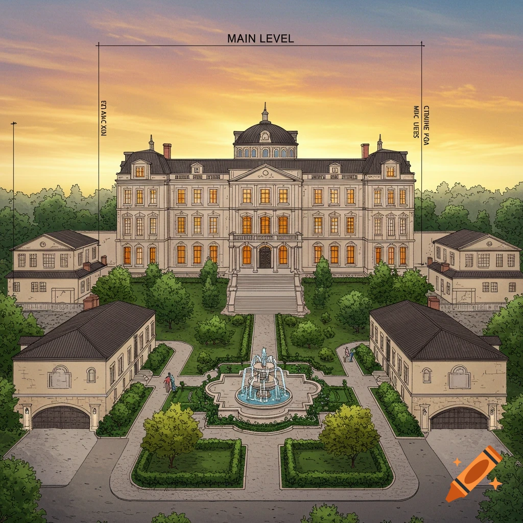 An illustrated architectural blueprint of a grand classical mansion with multiple wings, manicured gardens, and a central fountain, under a sunset sky.