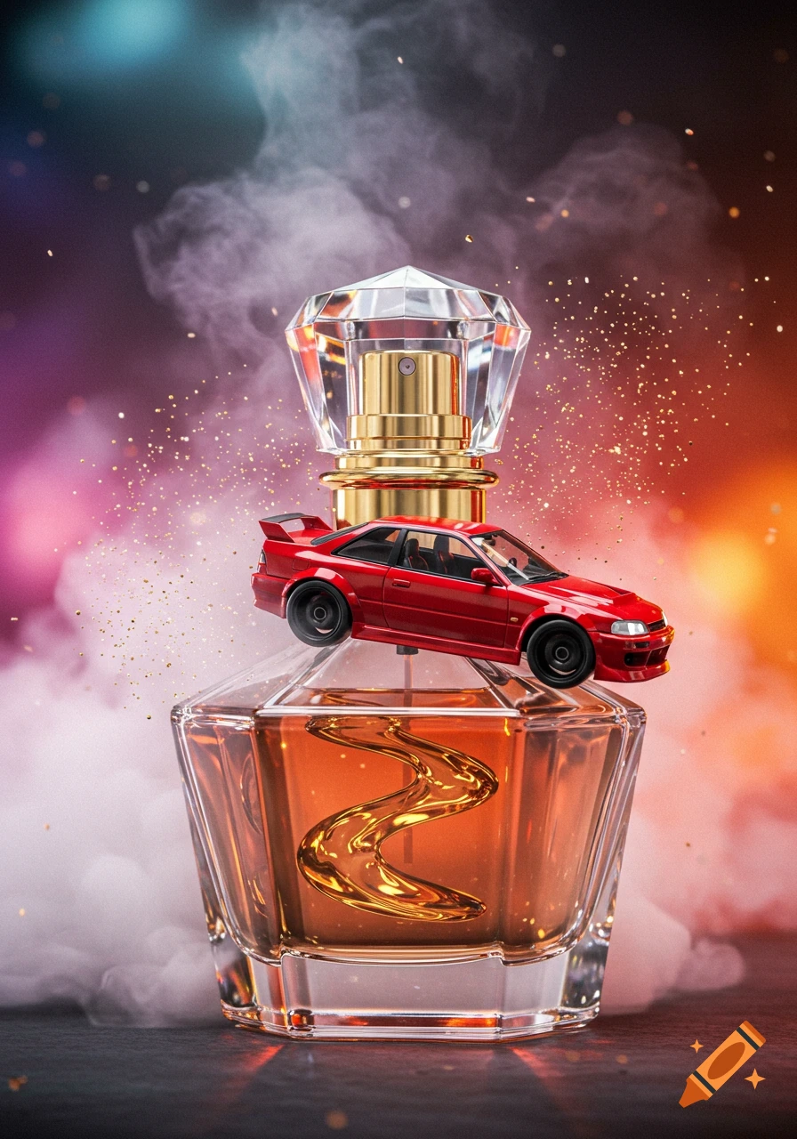 A red toy drift car sits on a large, multifaceted perfume bottle with amber liquid and a gold cap, set against a smoky, glittery, colorful background in a photorealistic style.