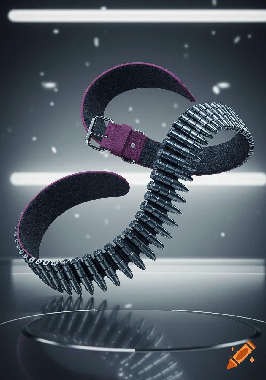 Photorealistic ammunition belt with purple strap shaped into letter 'S', floating above a reflective surface in a dark room.
