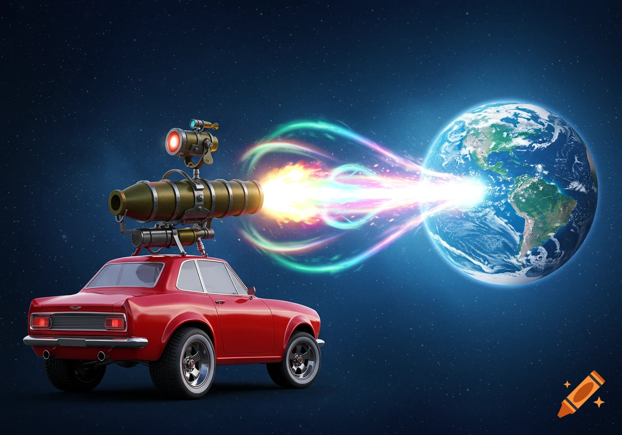 A red car with a large weapon on its roof shooting a colorful energy beam towards the Earth in outer space.