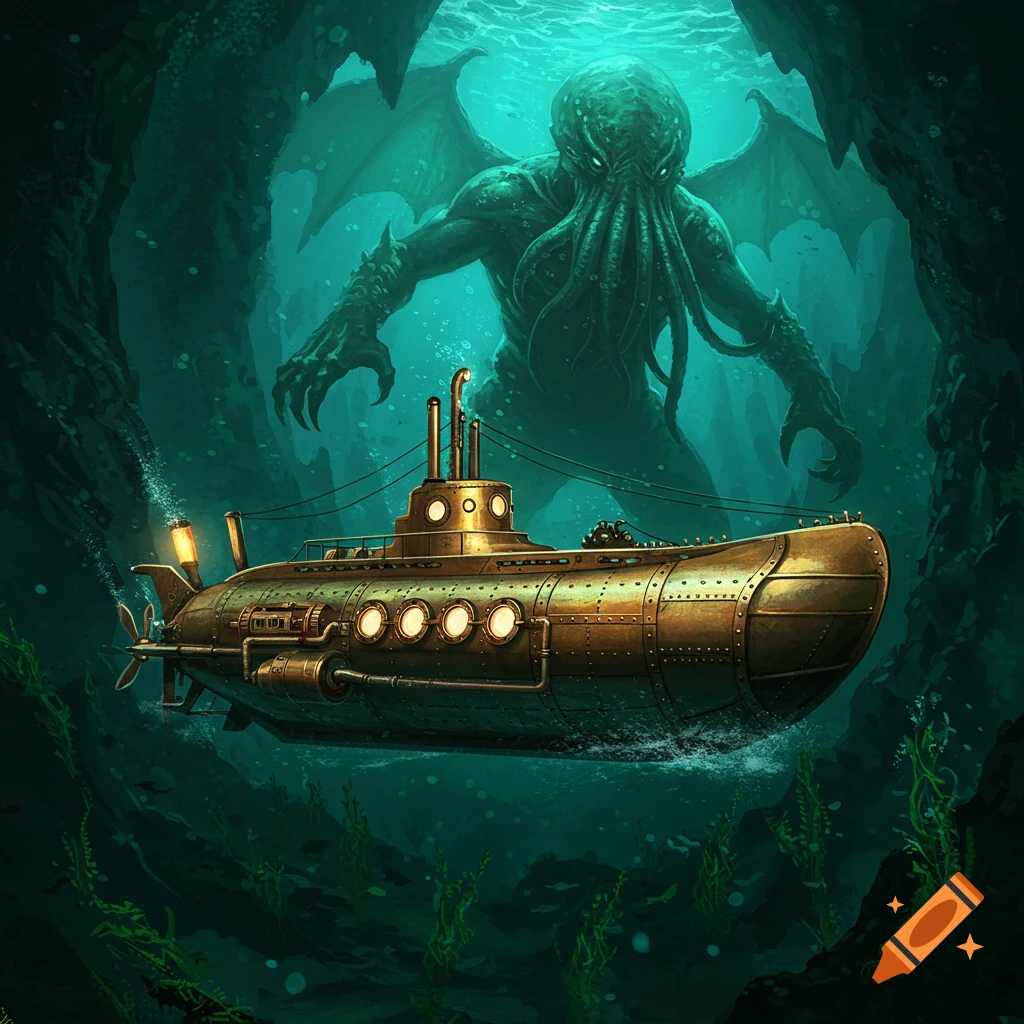 A detailed illustration of a golden steampunk submarine beneath a looming Cthulhu monster in dark underwater caverns.