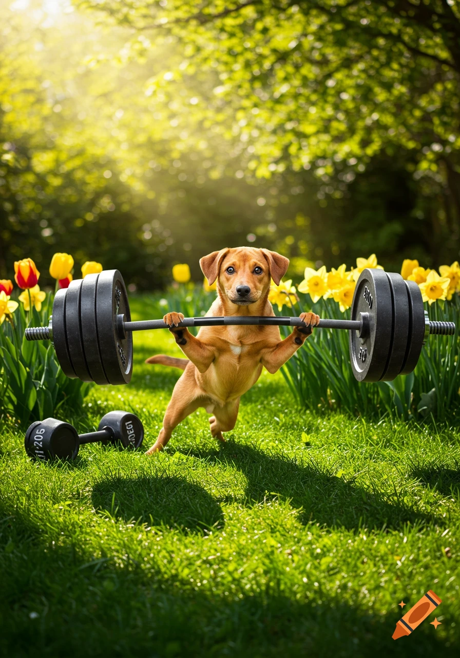 A cute brown puppy stands in a sunny green garden, humorously lifting a large barbell with weights.