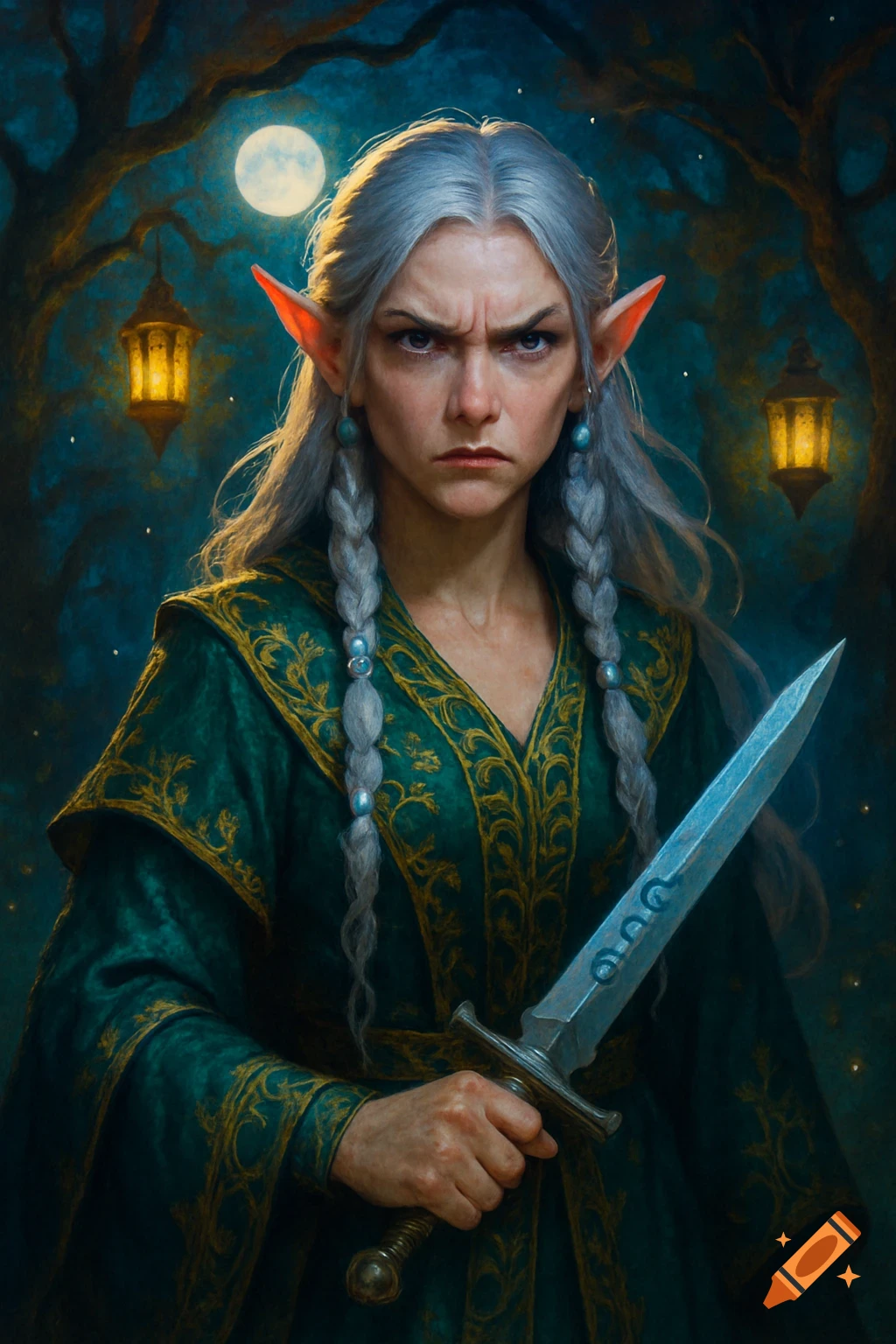 A disgruntled female elf with long grey hair in a green robe holds a dagger under a full moon in a mystical forest.