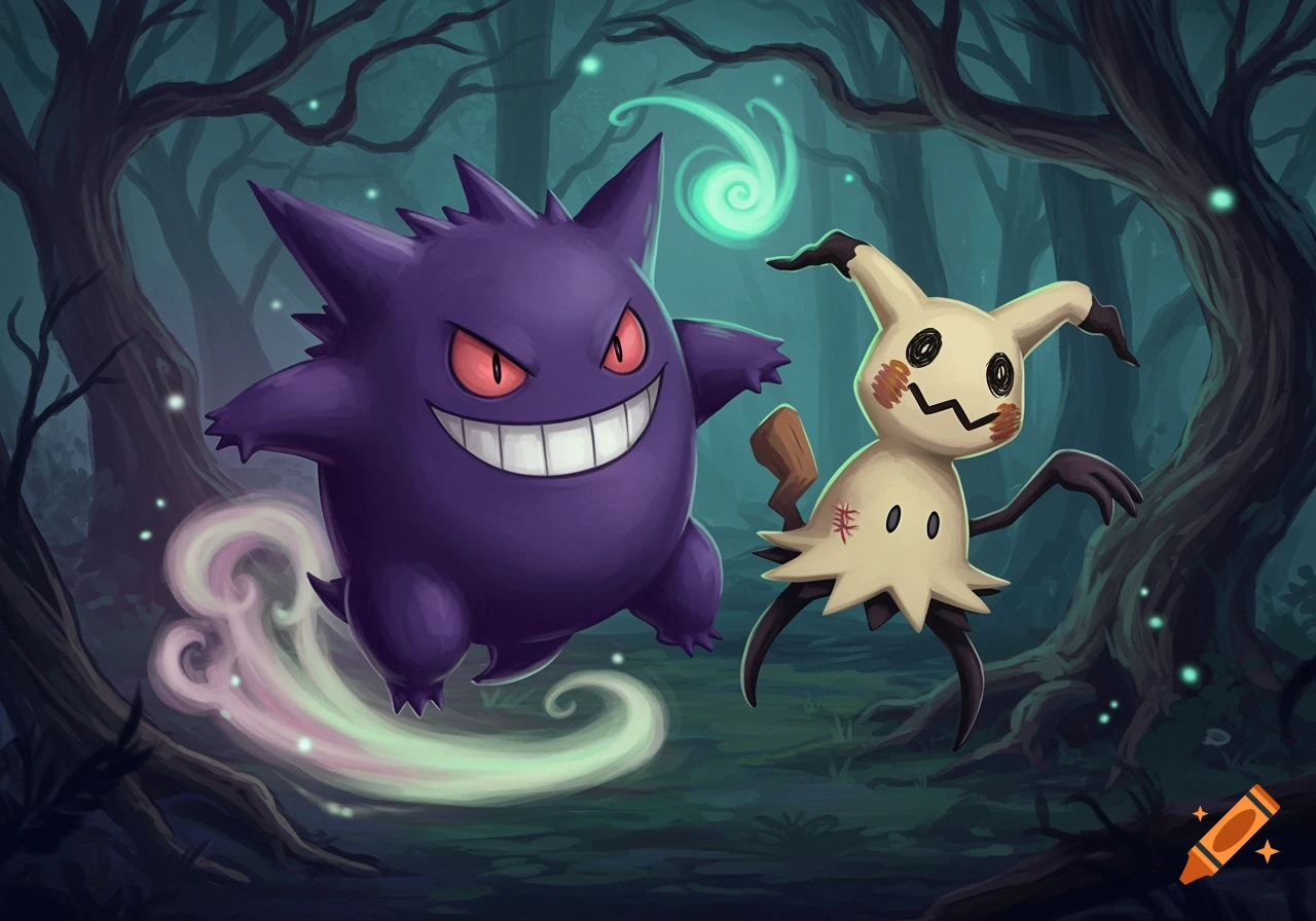 Gengar and Mimikyu, two ghost Pokémon, in a dark, mystical forest with glowing ethereal effects.