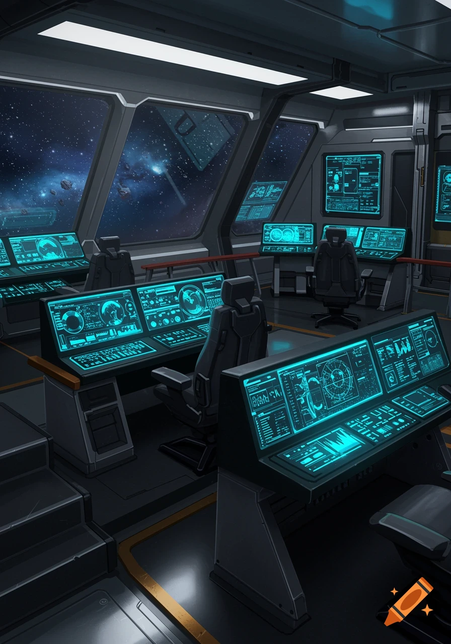 A dark, futuristic spaceship command bridge with multiple glowing teal screens displaying data and a view of space with asteroids.