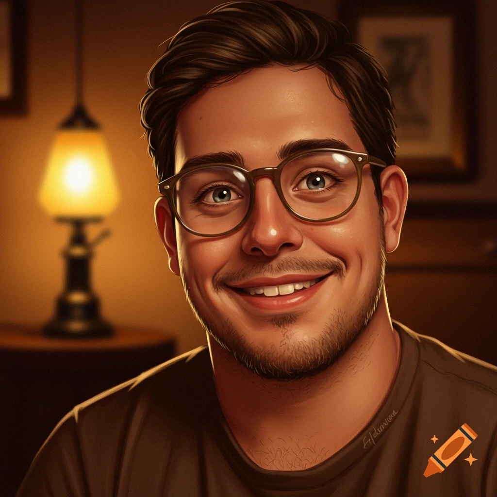 A smiling brunette man with glasses and stubble, depicted in a digital painting style, with a warm lamp in the blurred background.