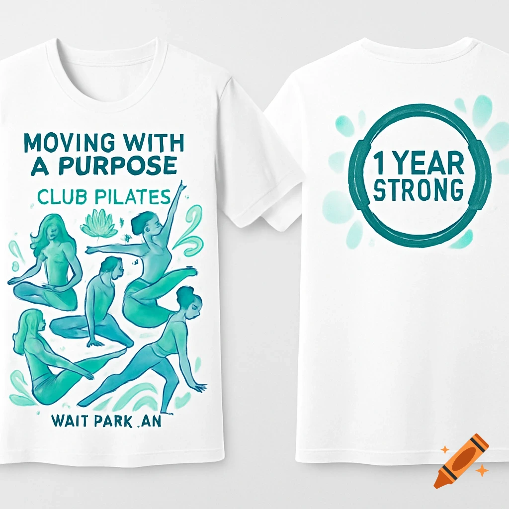 Front and back view of white t-shirts. The front shirt features teal illustrations of women in pilates poses and text about 'Club Pilates'. The back shirt has '1 YEAR STRONG' in a teal ring.