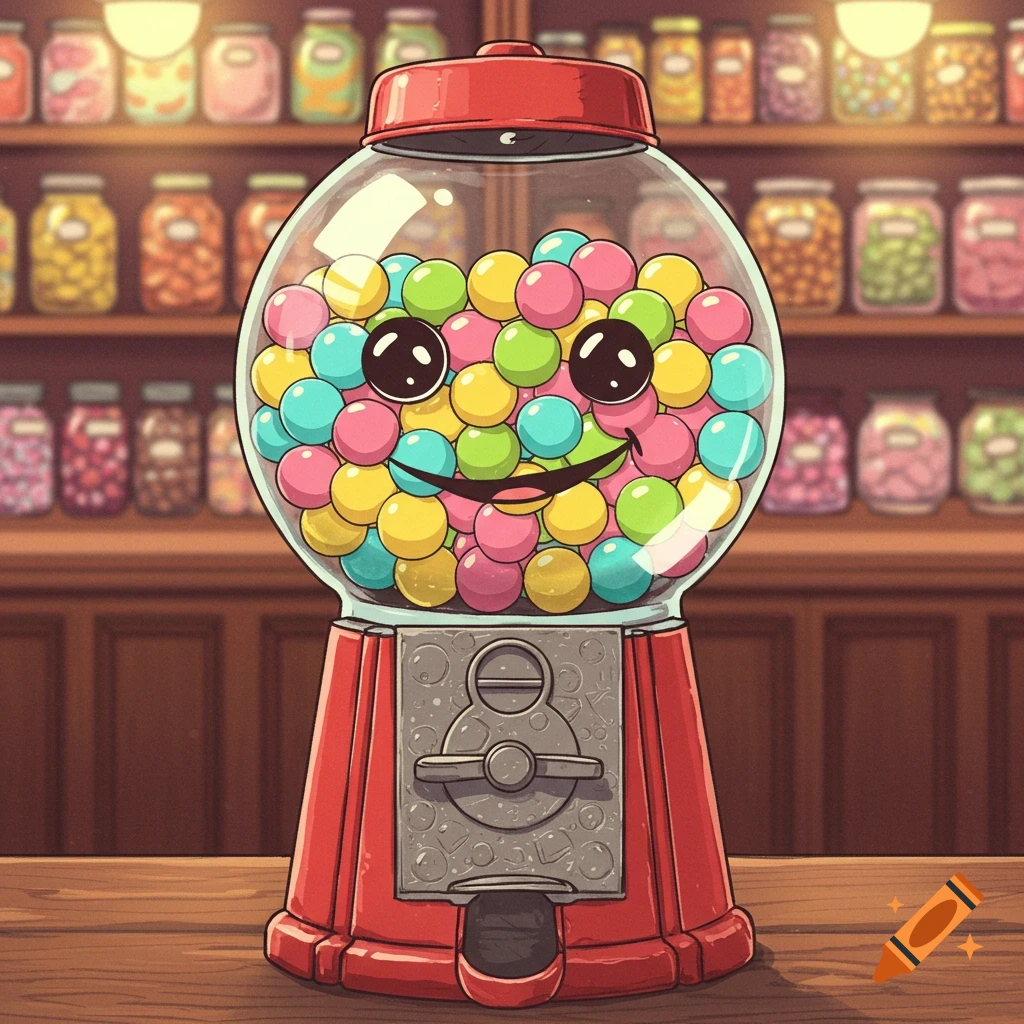 A cartoon gumball machine with a smiling face made of gumballs, filled with colorful candy, sits on a wooden counter in a candy store.