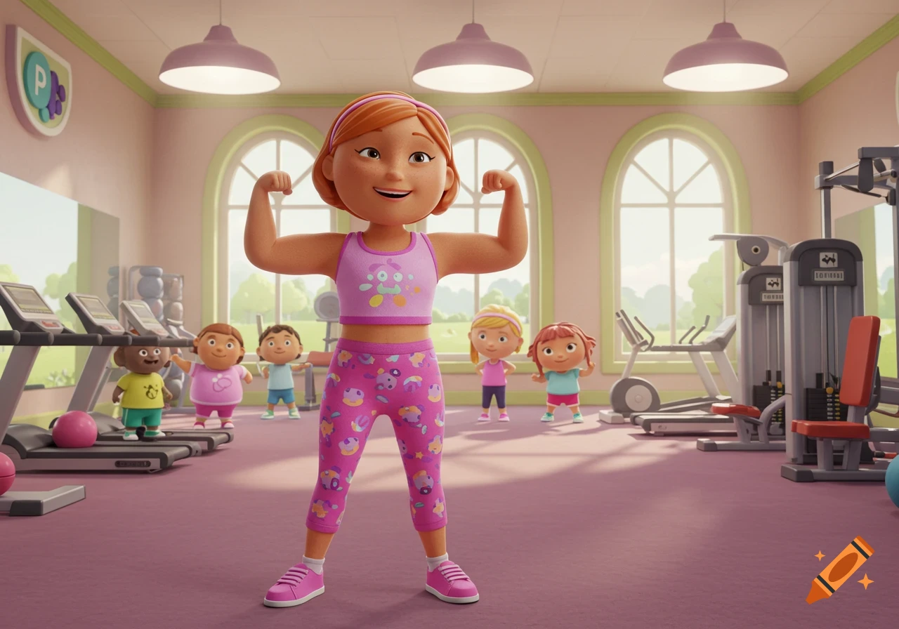 Cartoon character, Rosie's mom, flexes her muscles in a colorful gym with other cartoon kids watching in the background.
