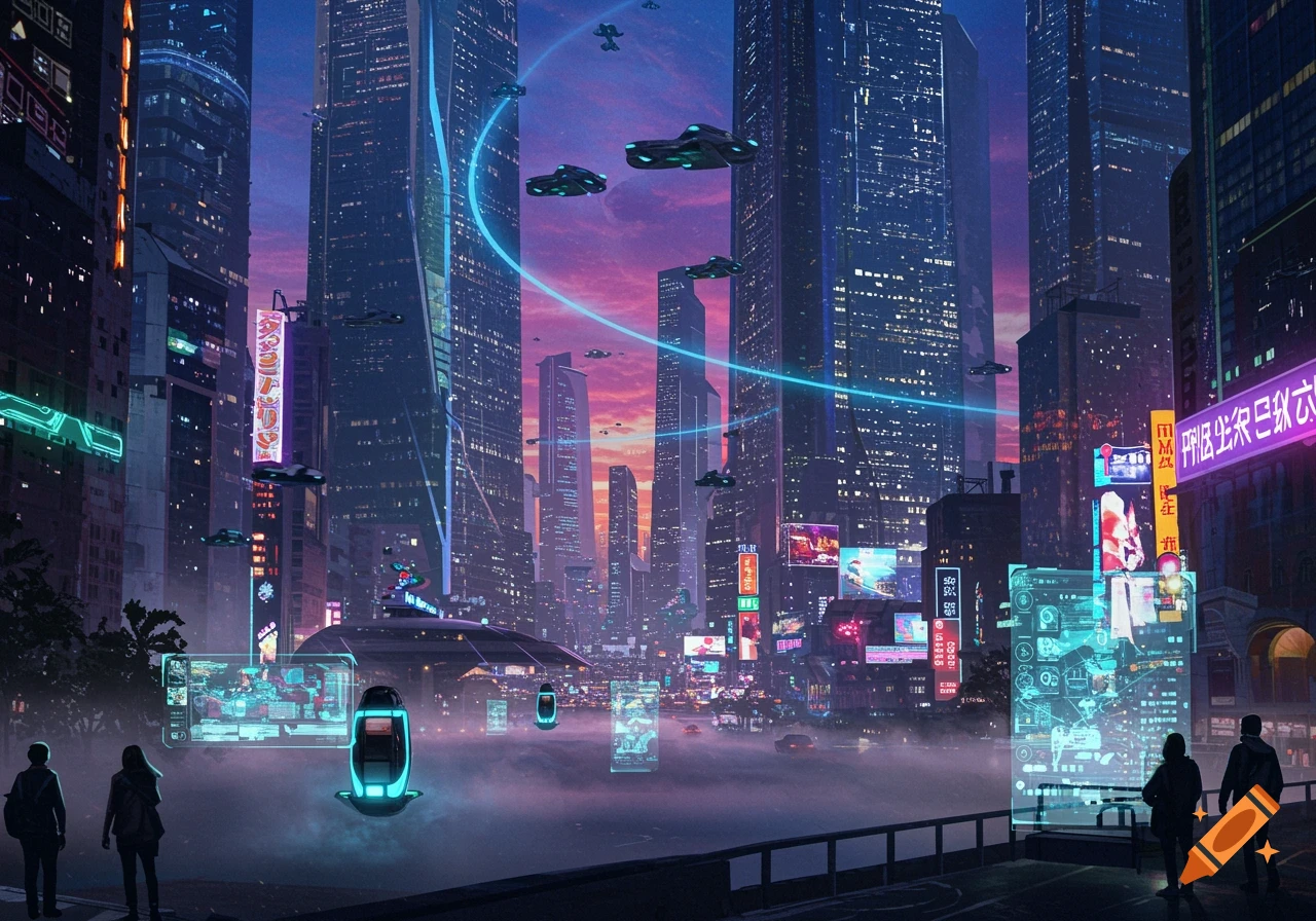 A vibrant, futuristic cityscape at sunset, with towering skyscrapers, flying vehicles, and holographic advertisements illuminated by neon lights.