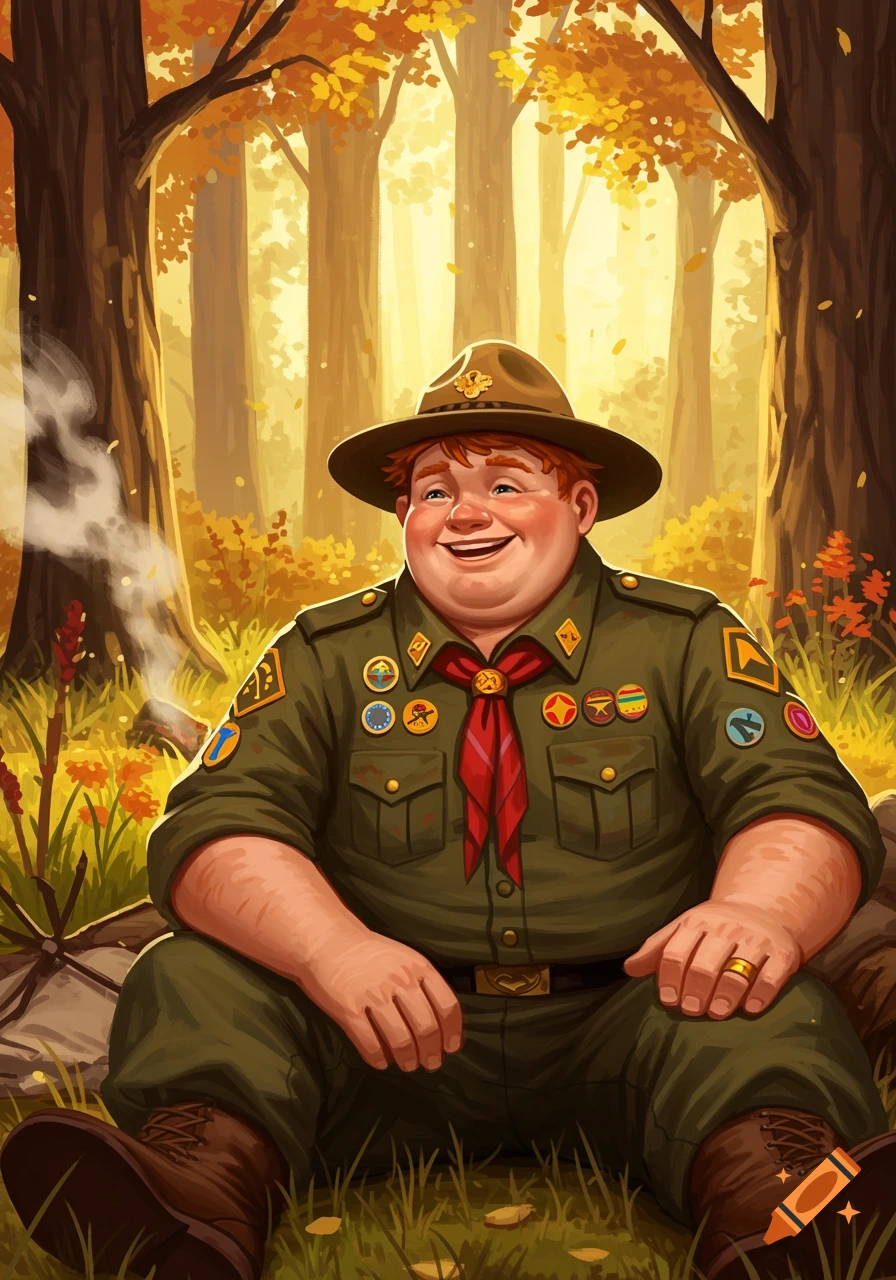 A smiling, chubby man in a scout uniform and hat sits in an autumn forest with yellow trees.
