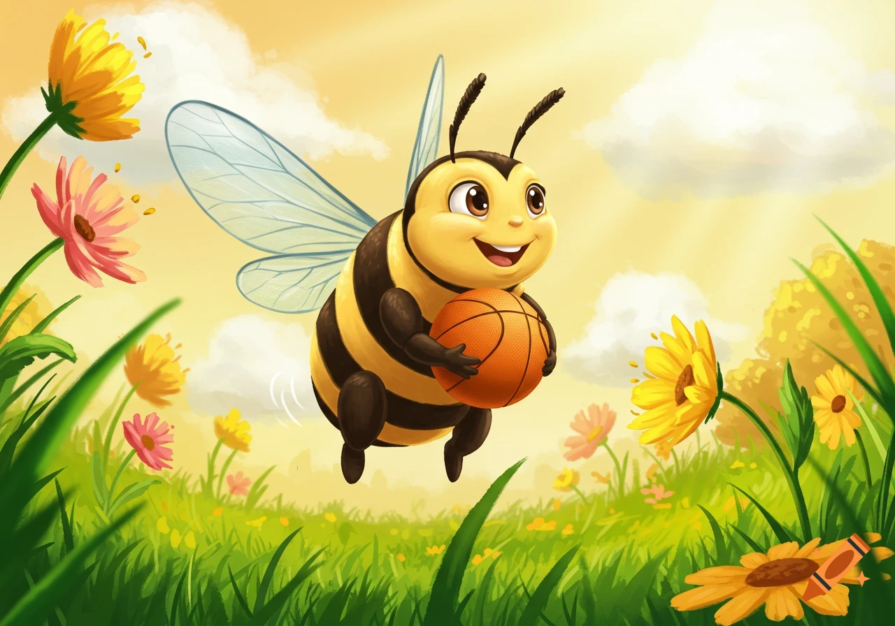 A smiling cartoon bee flies through a sunny meadow filled with colorful flowers, holding a basketball.