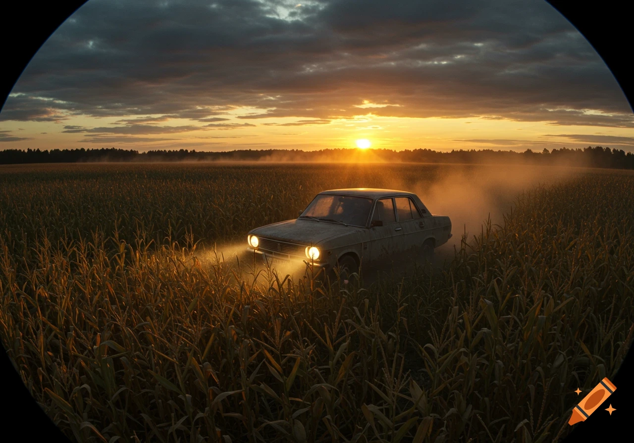 Photorealistic dashcam view of an old sedan driving through a cornfield at sunset with headlights on.