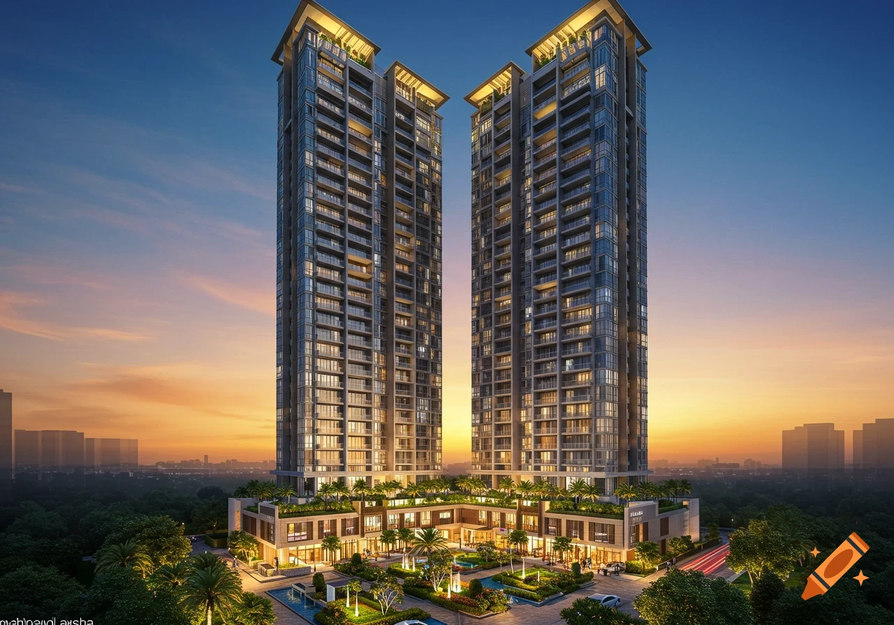 Photorealistic image of two modern high-rise residential towers at sunset, with a landscaped plaza.