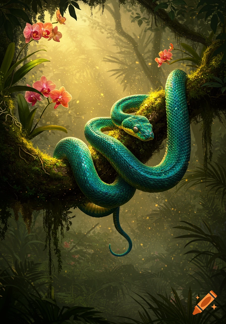 A vibrant green snake with yellow eyes coiled on a mossy branch in a lush, sun-dappled jungle, with pink orchids nearby.
