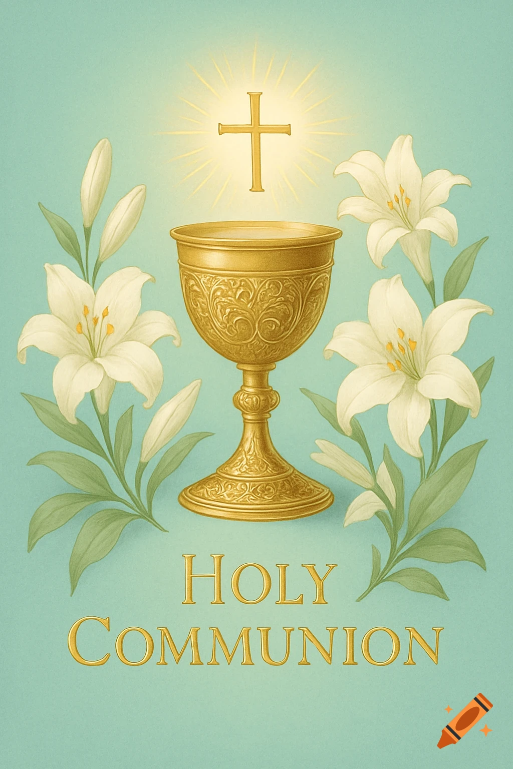A golden chalice, white lilies, and a glowing cross on a light blue background with "Holy Communion" text below.