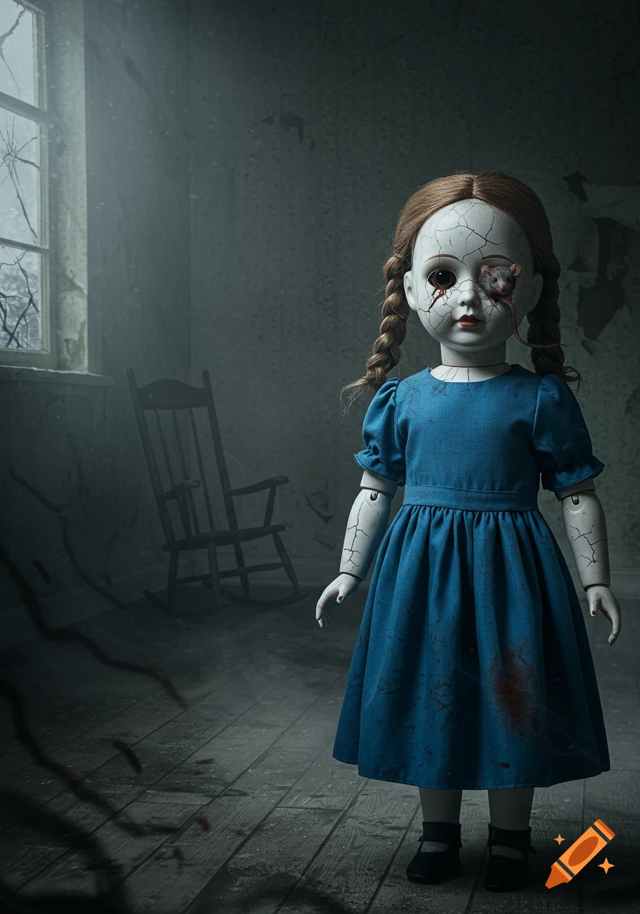 A cracked porcelain doll with braided hair and a blue dress stands in a dark room. A rat emerges from its bleeding eye, and bloodstains are on its dress.