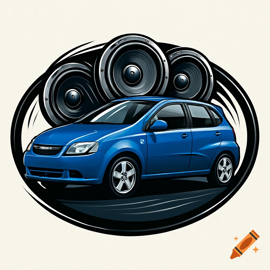 Stylized logo of a blue 2005 Chevy Aveo hatchback with large subwoofers in the background, on a white oval.