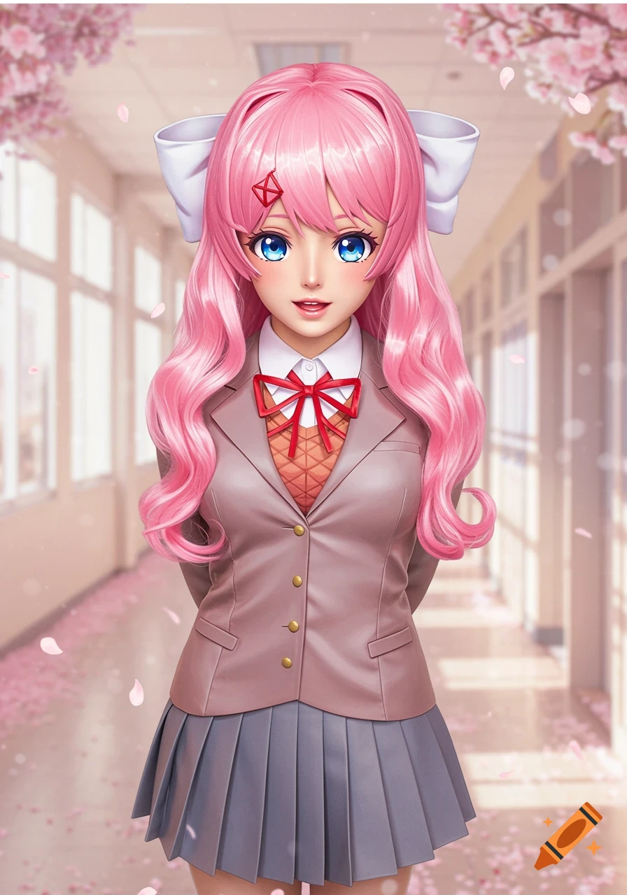 A pink-haired anime girl with blue eyes wears a school uniform in a cherry blossom-filled hallway.