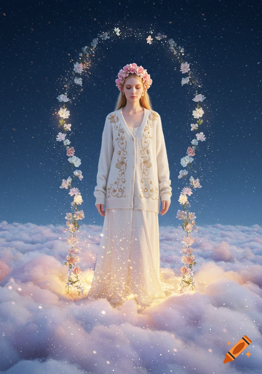 A blonde woman in a floral crown and embroidered cardigan stands on clouds under a starry sky, surrounded by a sparkling arch of flowers.