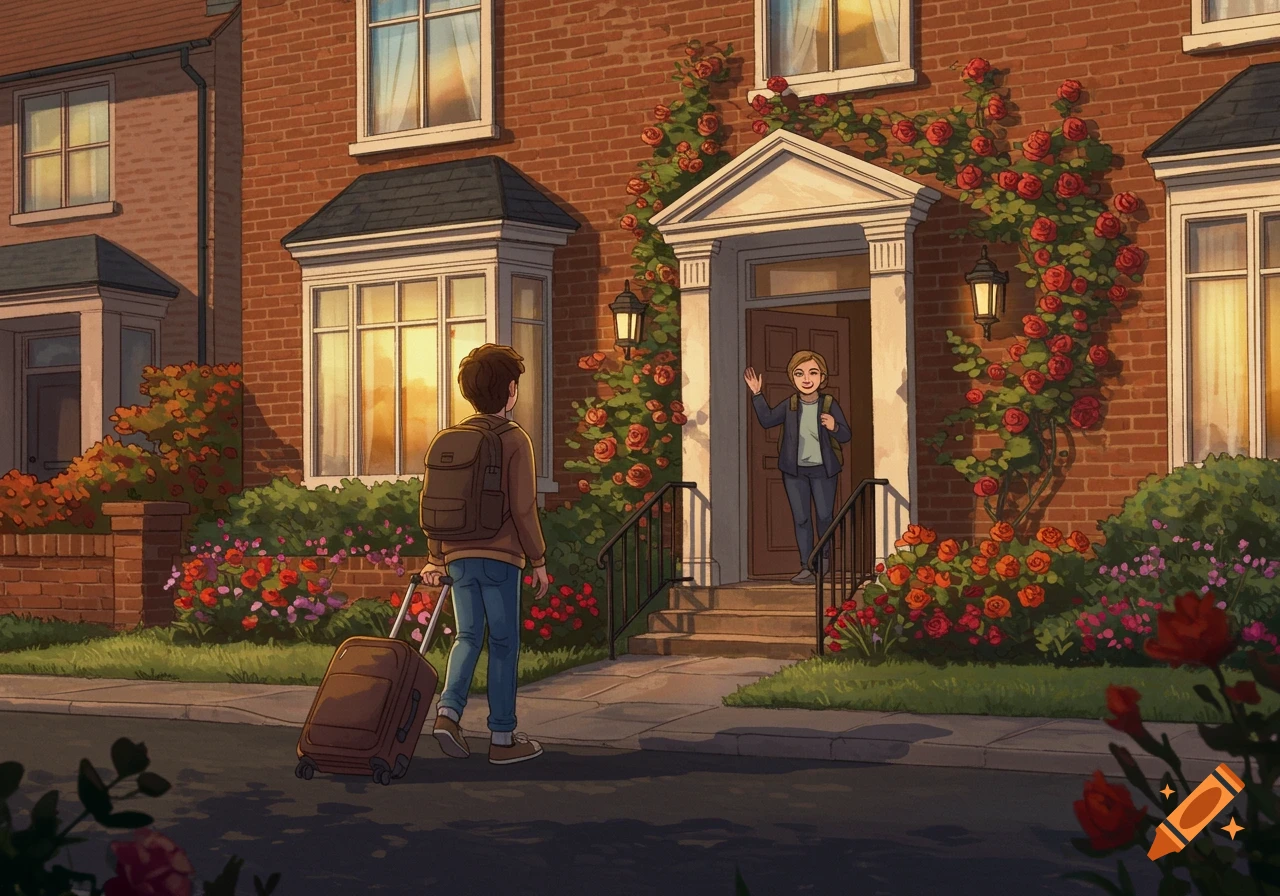 An illustrated young person with a backpack and suitcase leaves a brick house, waving goodbye to someone in the doorway. Red roses adorn the house.