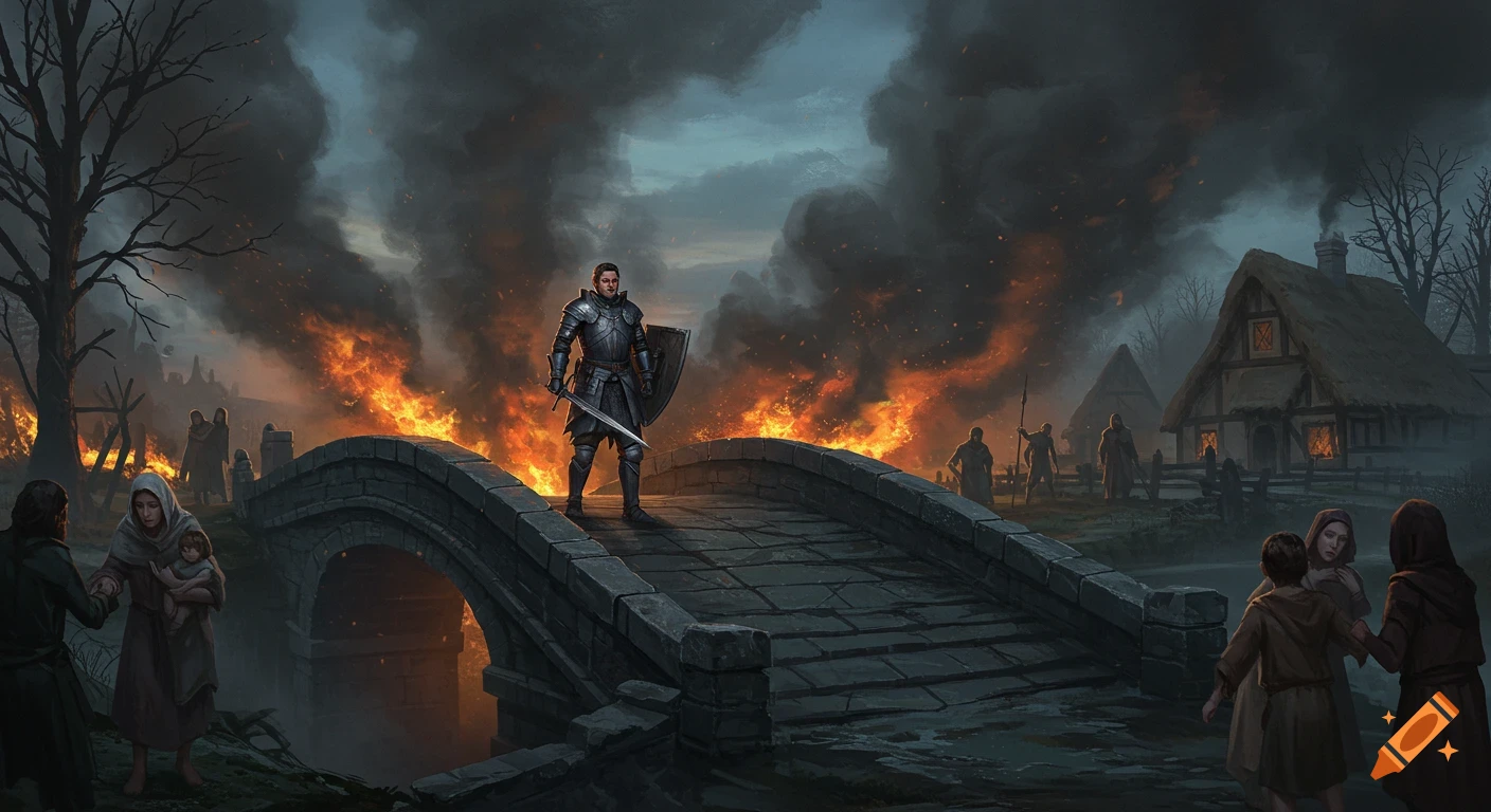A knight in armor stands on a stone bridge as a medieval village burns behind, with villagers fleeing. Fantasy illustration.