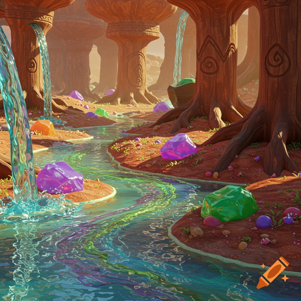 A vibrant, whimsical fantasy landscape with carved tree-like structures, a river of multicolored liquid, and large candy-like gems.
