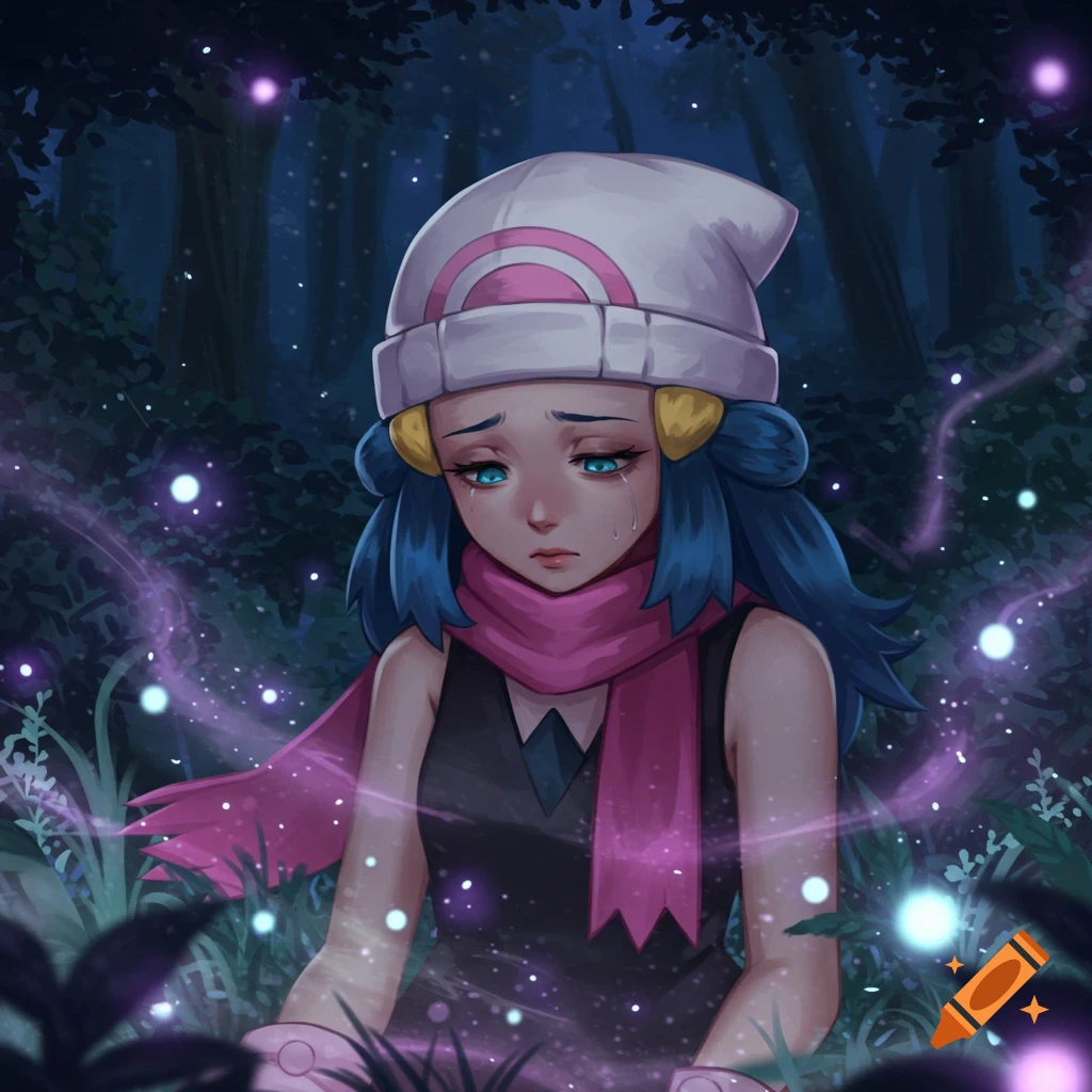 Dawn from Pokemon is crying in a dark forest, surrounded by purple glowing particles.