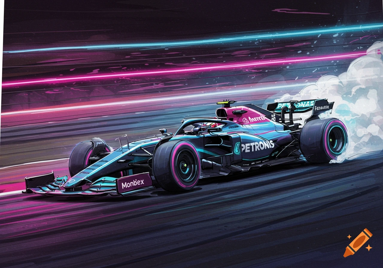 Vibrant illustration of a black and blue F1 car drifting on a track, with pink and blue neon light trails behind it.