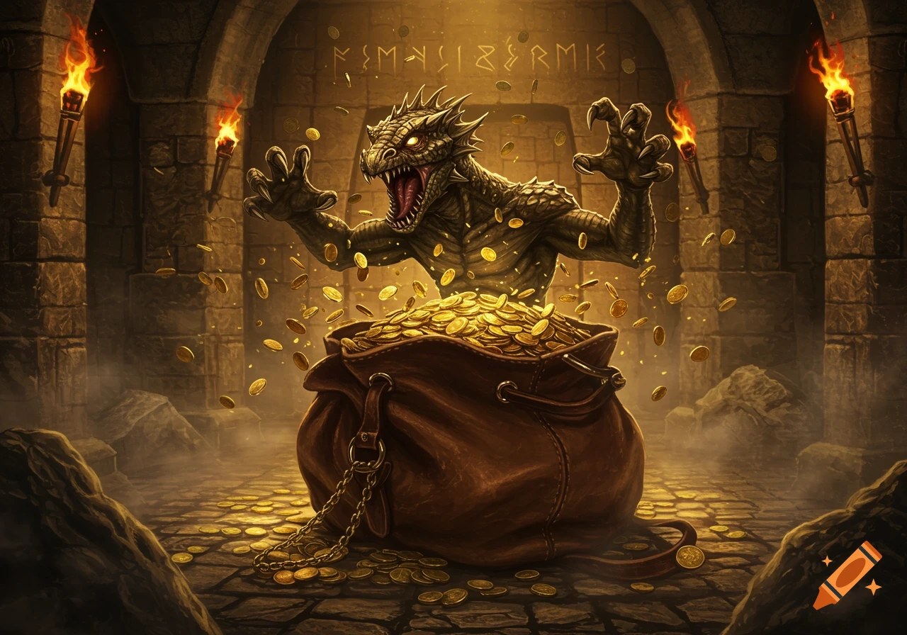 A scaly creature with glowing eyes and sharp claws bursts from a large sack of gold coins in a torch-lit dungeon with runes on the wall.