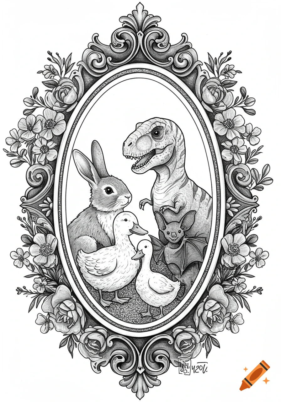 Black and white illustration of a bunny, T-Rex, two ducklings, and a bat in an ornate oval frame surrounded by flowers and leaves.