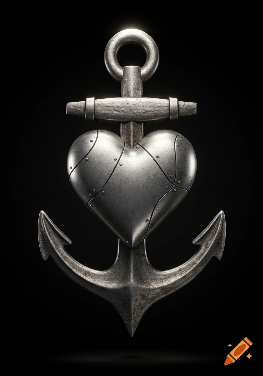 A metallic anchor with a riveted metal heart integrated into its shaft, set against a dark background.