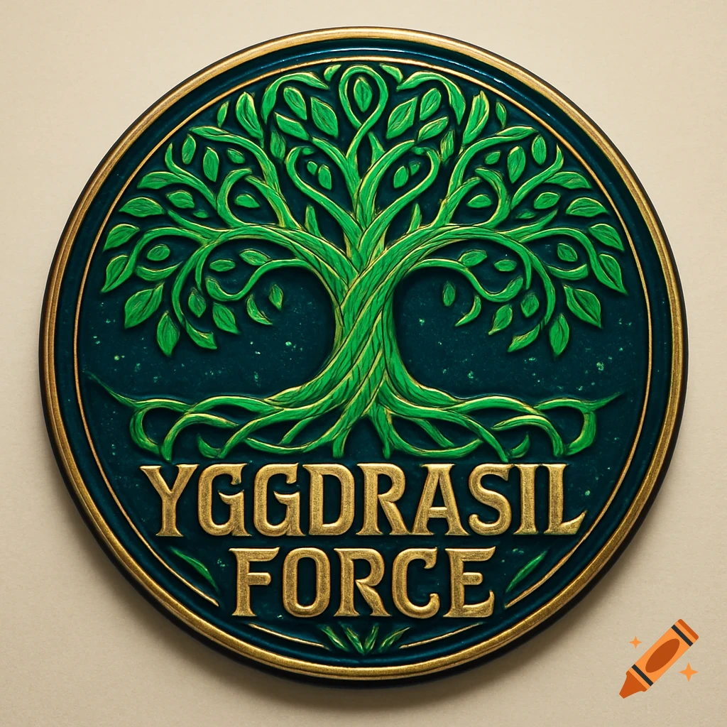 A circular dark teal and gold emblem with a vibrant green Tree of Life, and 'YGGDRASIL FORCE' text in gold.